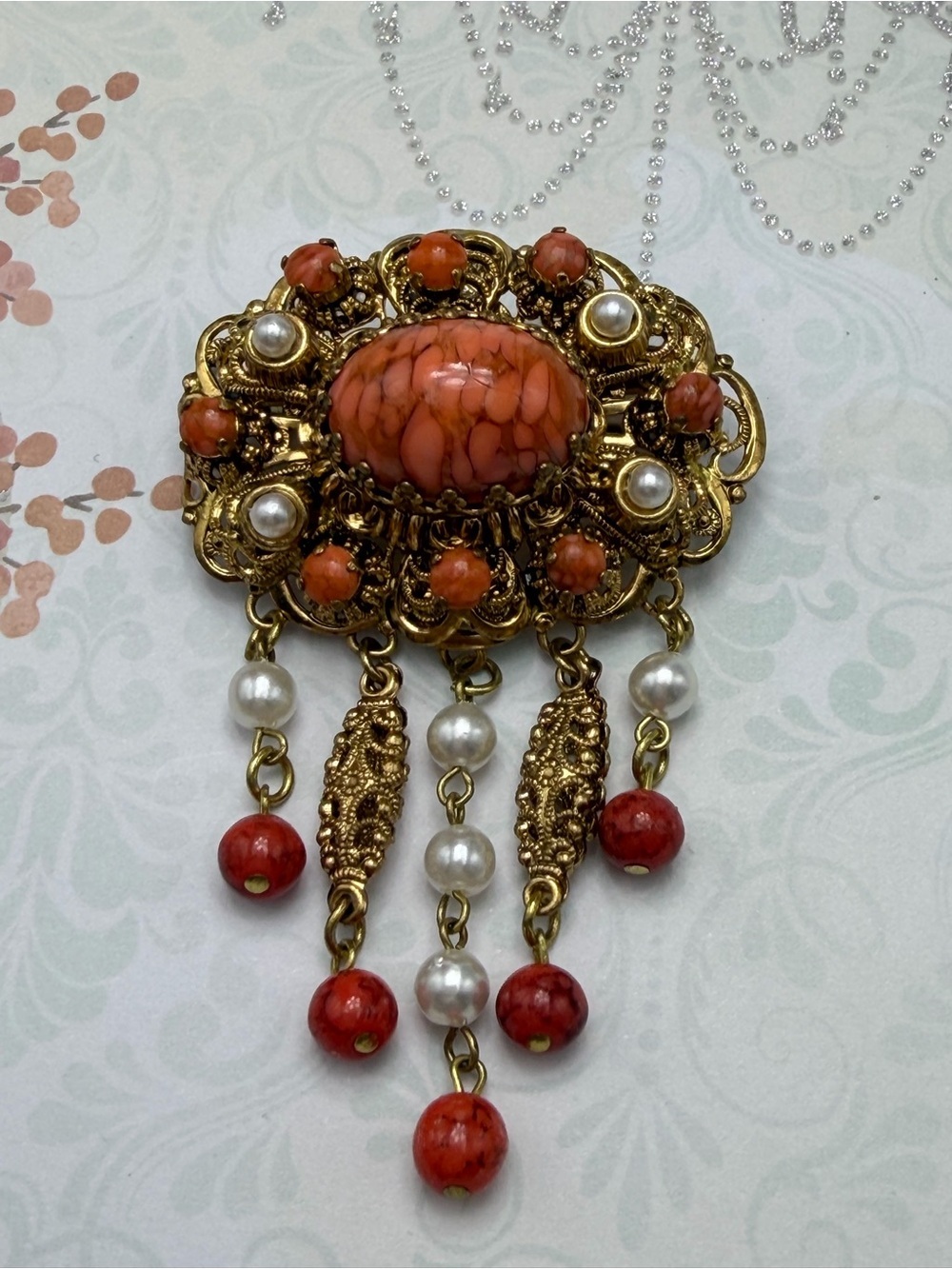 Vintage Czech Brooch with Orange Coral Cabochons and Pearl Drops #cz03
